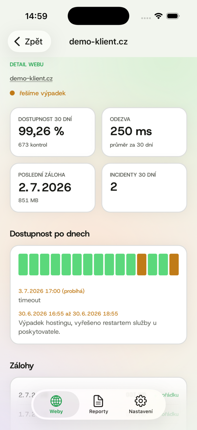 Mobilní aplikace codebros care: dostupnost webu, odezva, zálohy a incidenty